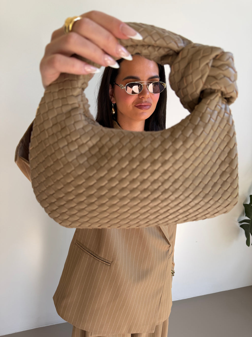 Taupe Woven Bag - Echt Leer