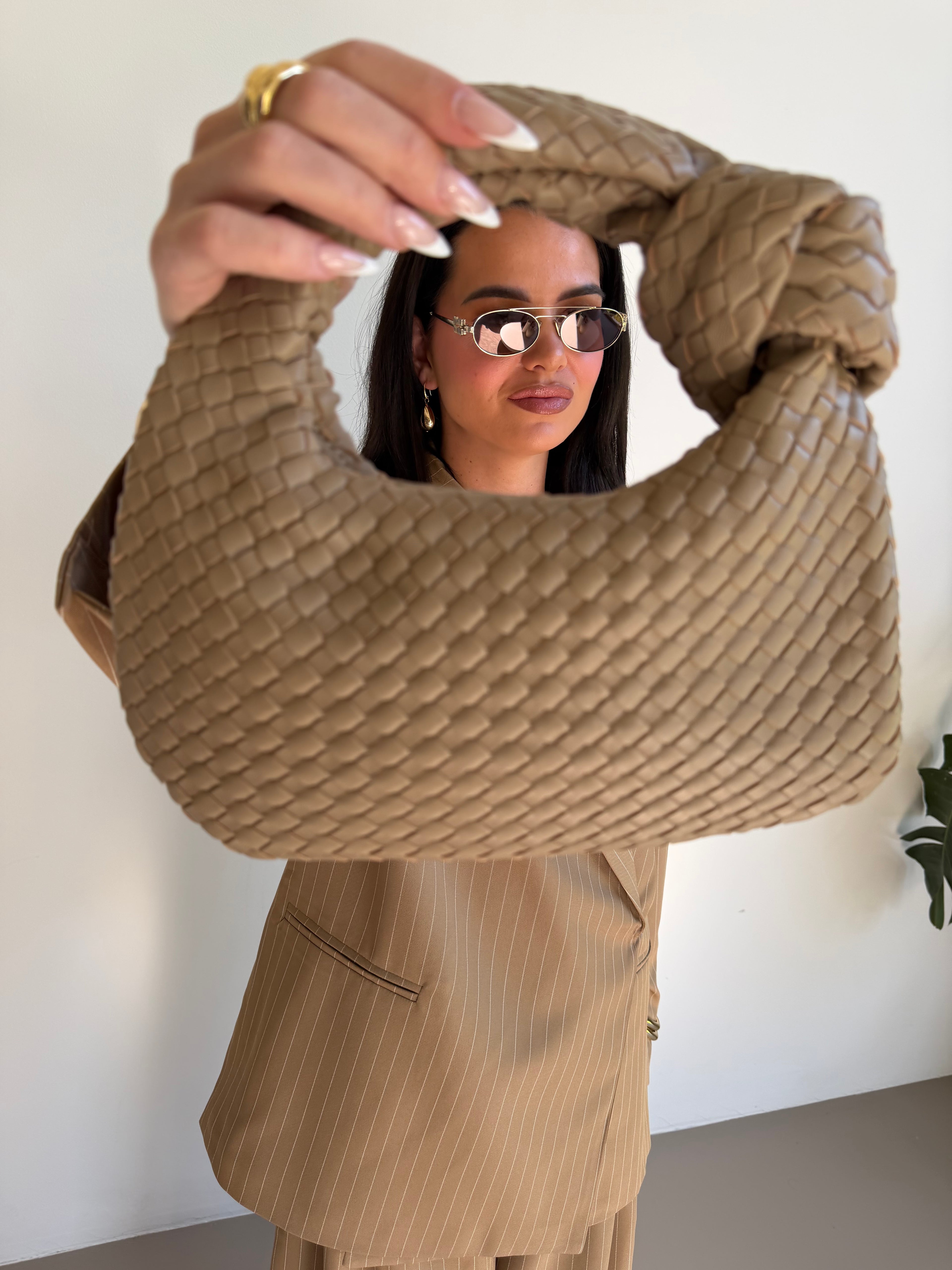 Taupe Woven Bag - Echt Leer